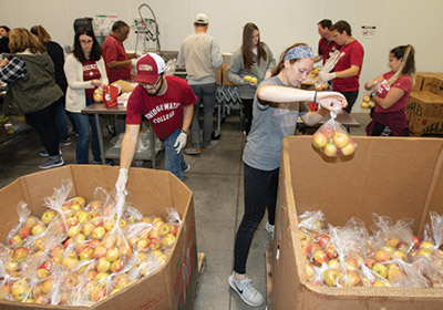 students working at the food bank|students packing boxes with food