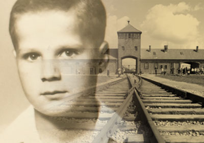 Photo of Frank Misa Grunwald as a child with train tracks and a building