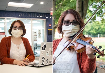 Photo of Cara sitting with laptop on the left; photo of her playing the violin on the right