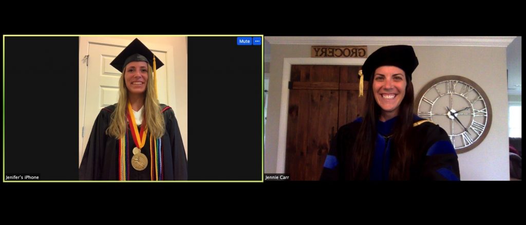 student in cap and gown in a computer screenshot with a professor in a cap and gown