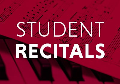 White text that says Student Recitals over picture of a sheet of music