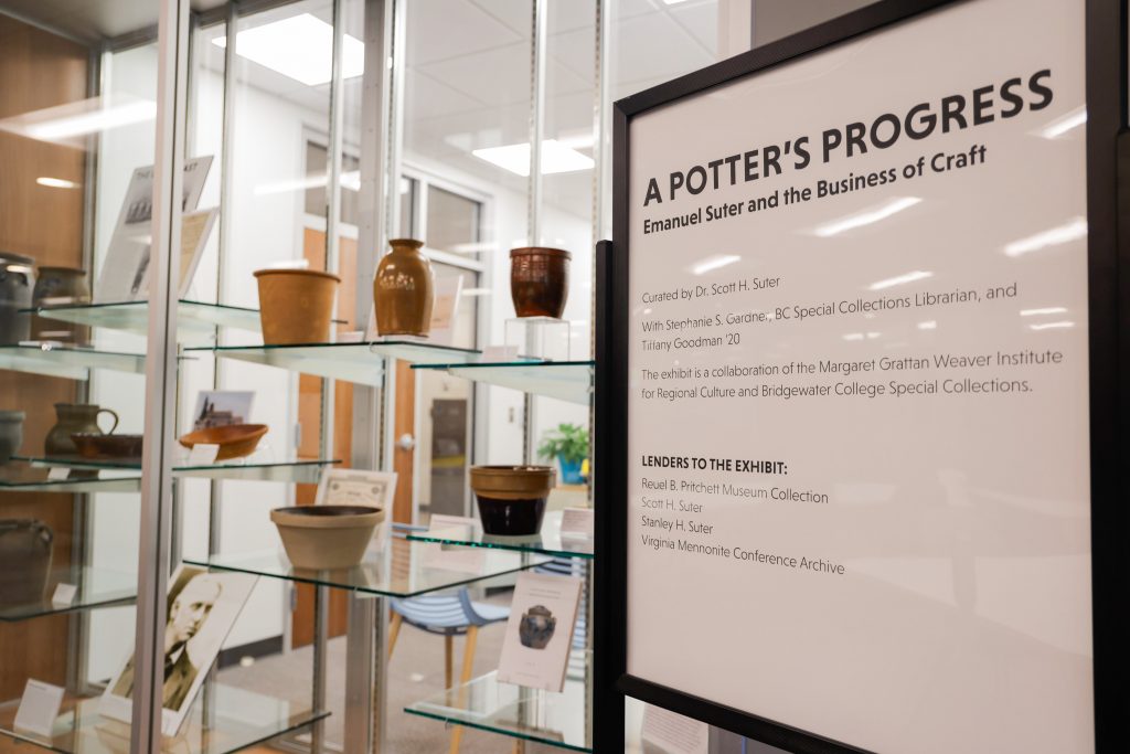 A sign that reads A Potters Progress on display in the special collections area of the John Kenny Forrer Learning Commons at Bridgewater College