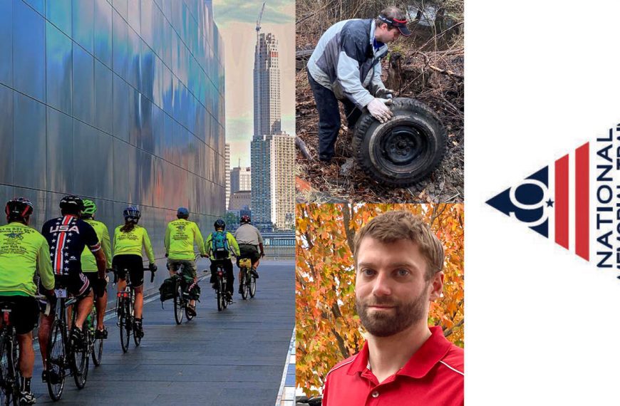 Bikers bike toward the Washington Monument, a headshot of Bridgewater College alum Jeff McCauley, and the National 9/11 Alliance's logo appear