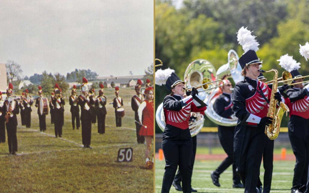 Two images appear side-by-side, on the left is an image from the 1950s BC band and on the right is the 2021 marching band.
