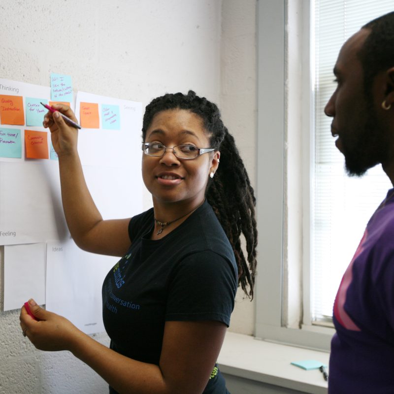 Bridgewater College business students collaborating on a project using Post-it notes during a classroom activity