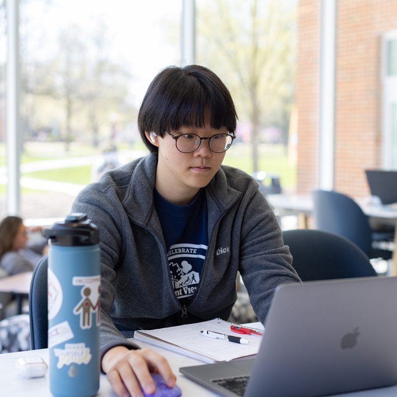 Student with glasses working on laptop