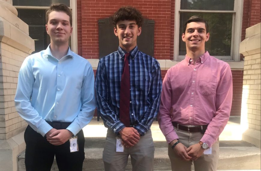 The summer 2022 interns at the Augusta County (Va.) Circuit Court, from left, Bridgewater College student Nicholas “Nick” Arnold ’24, high school student Blake Rogers and James Madison University student Aaron Bowman.