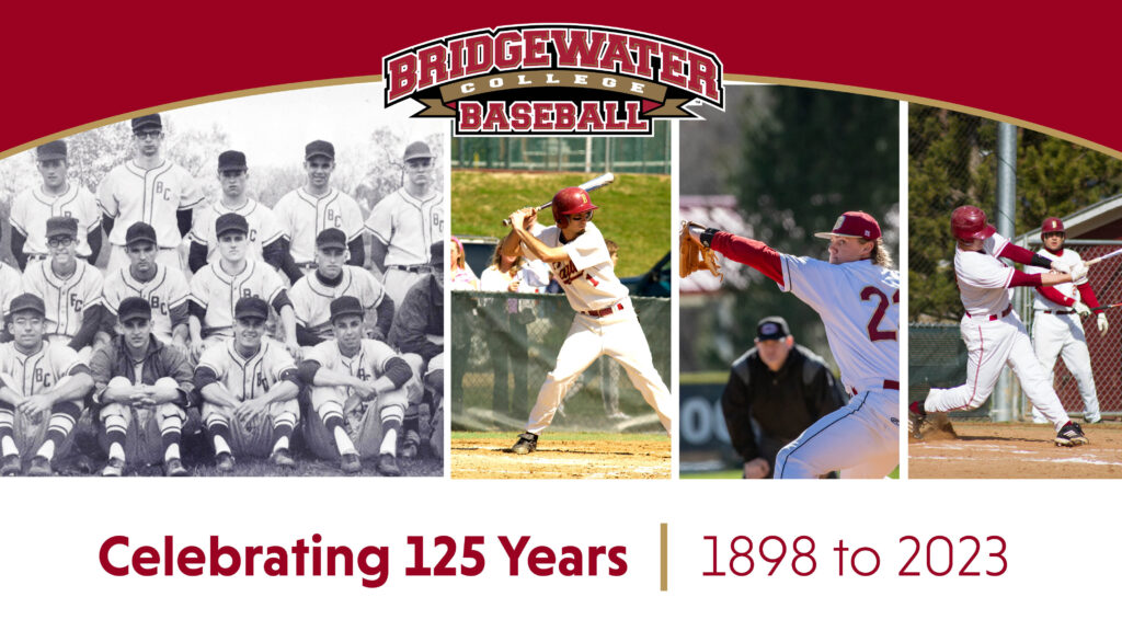 Logo of Bridgewater College Baseball with 4 images of B-C baseball in a row.