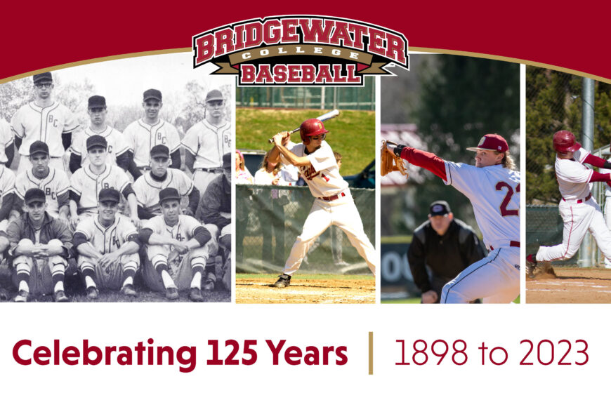 Logo of Bridgewater College Baseball with 4 images of B-C baseball in a row.