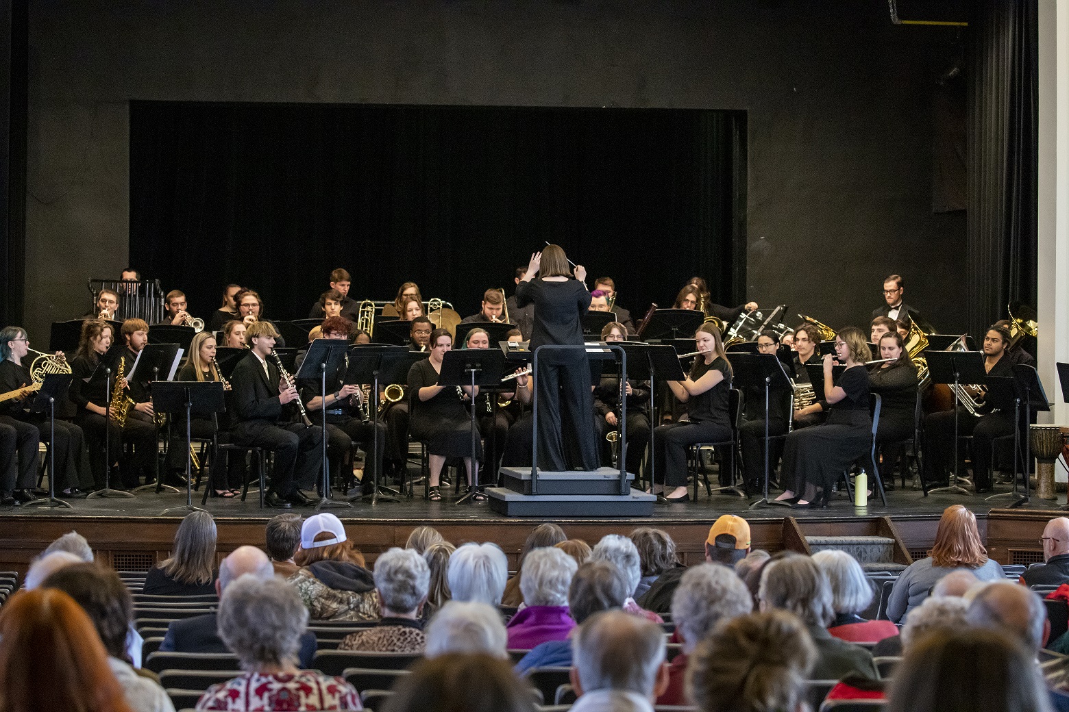 A crowd facing a musical ensemble on stage