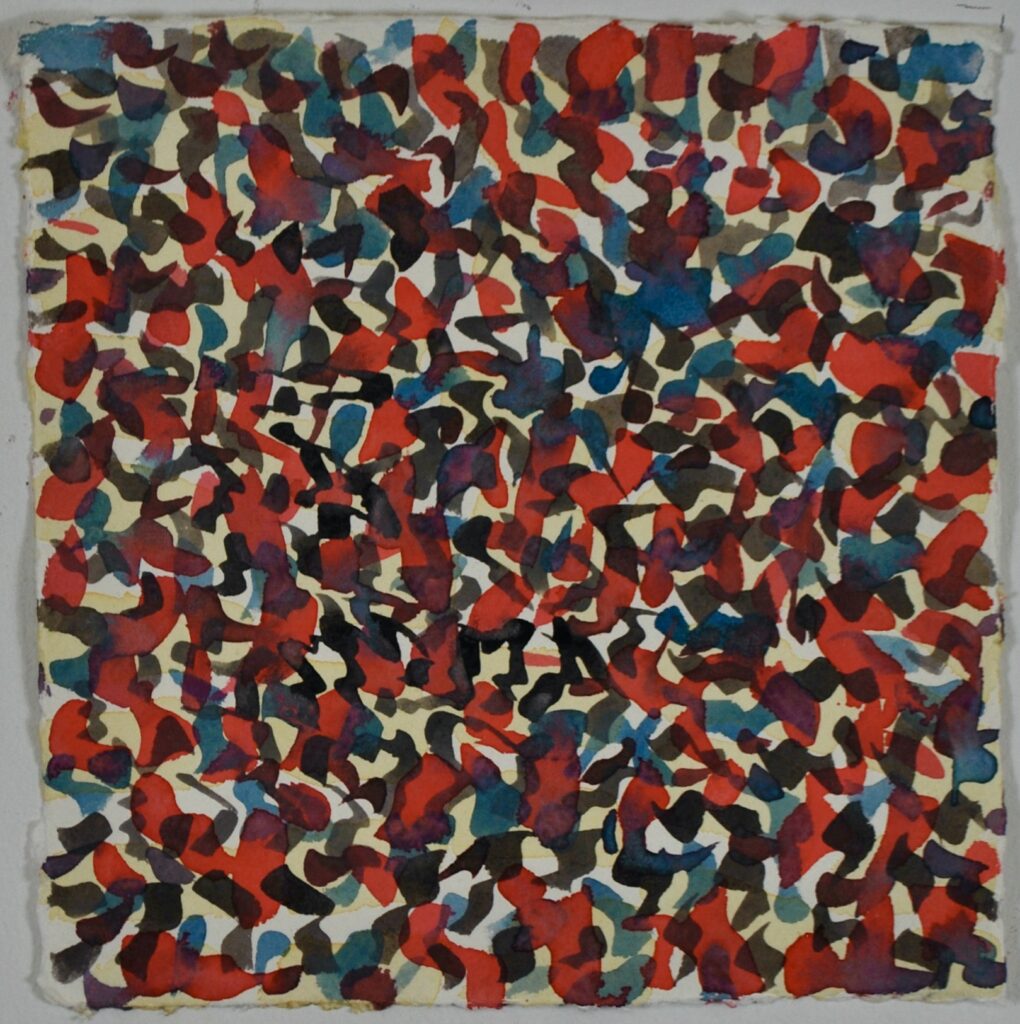 an abstract painting of red, blue, yellow and black lines.