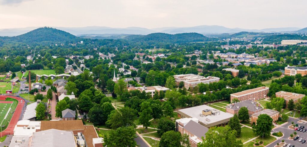A drone image of Bridgewater College's campus