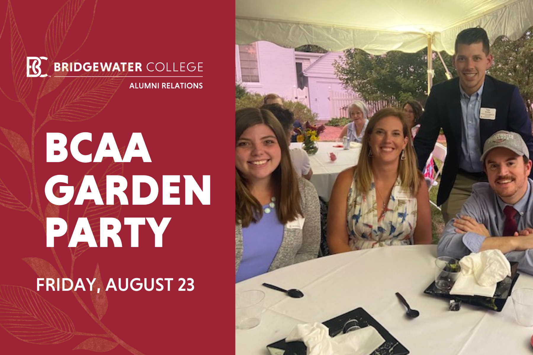 B-C-A-A Garden Party. Friday, August 23. Group of people around a table smiling for the camera.