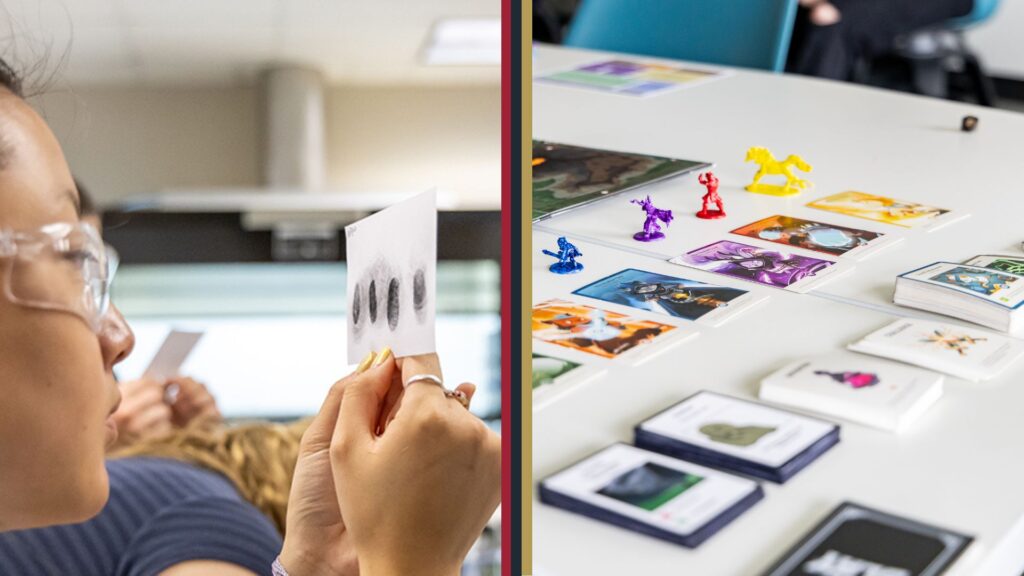 An image containing two separate images: one with a student inspecting a card with fingerprints on it, and another showing pieces of a board game spread out on a table.