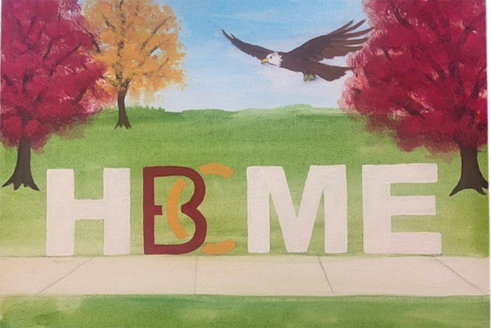 Painting of B-C Home Letters with eagle flying in and fall trees in the background