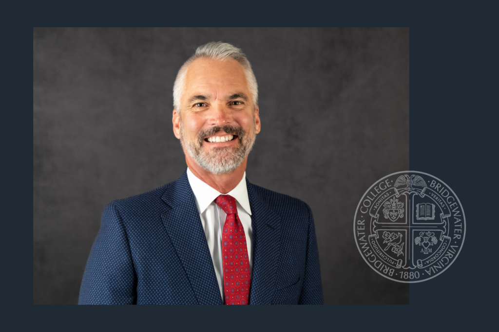 Portrait of President Bushman on a dark gray background with Bridgewater College seal on the right