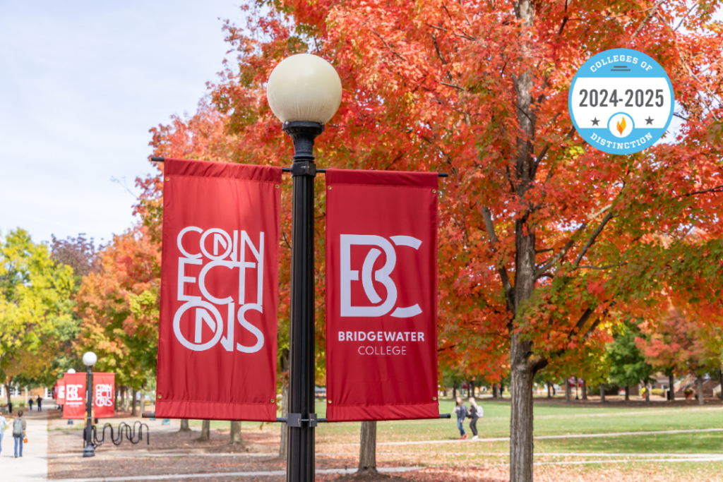 Image of Bridgewater College flags with the Colleges of Distinction logo