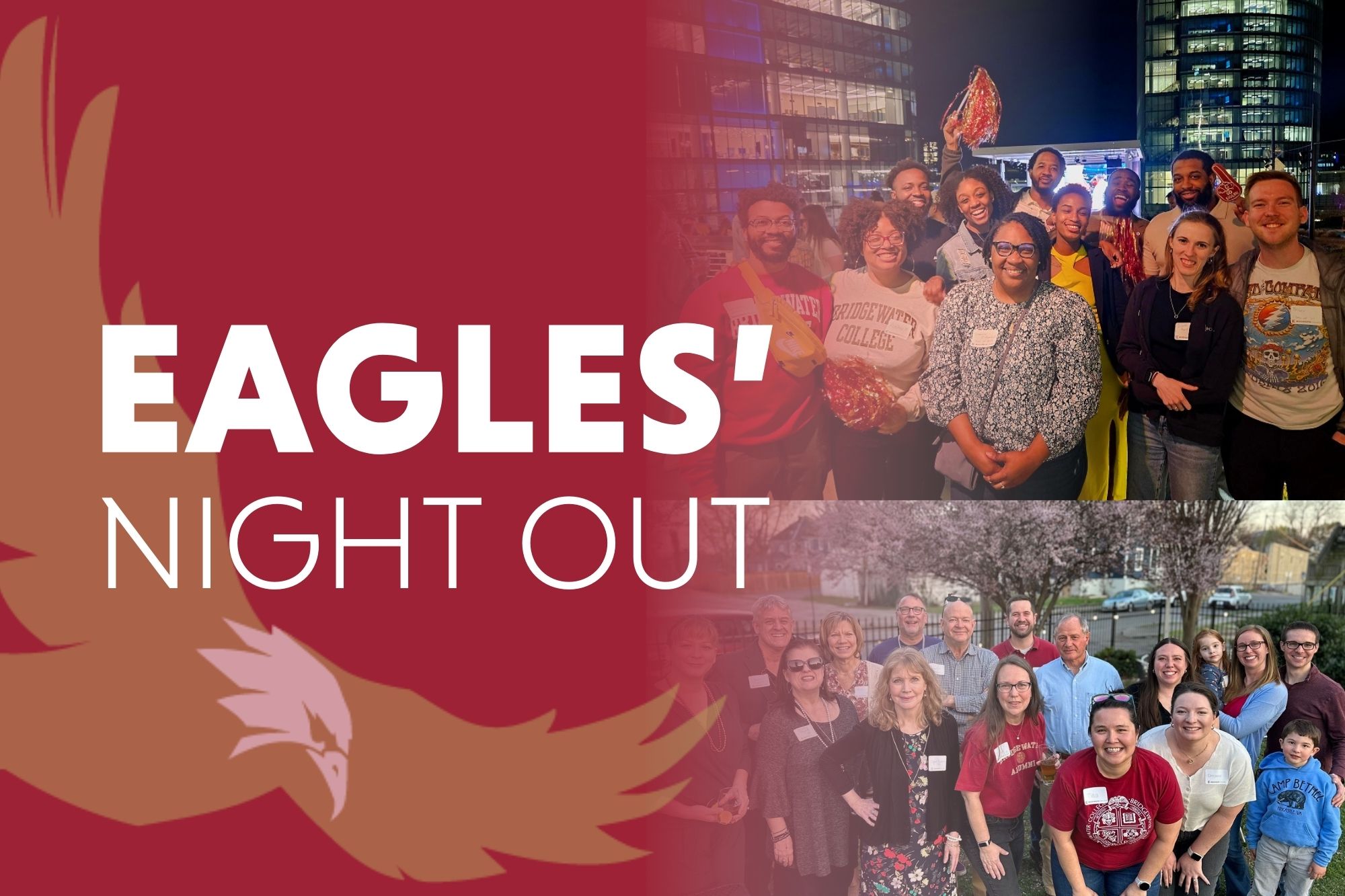 Eagles' Night Out. Graphic of gold eagle faded on red background. Photos of groups at last year's Eagles' Night Out.