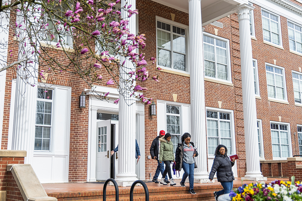 Group of people walking out of Bowman Hall with a blossoming tree in the foreground