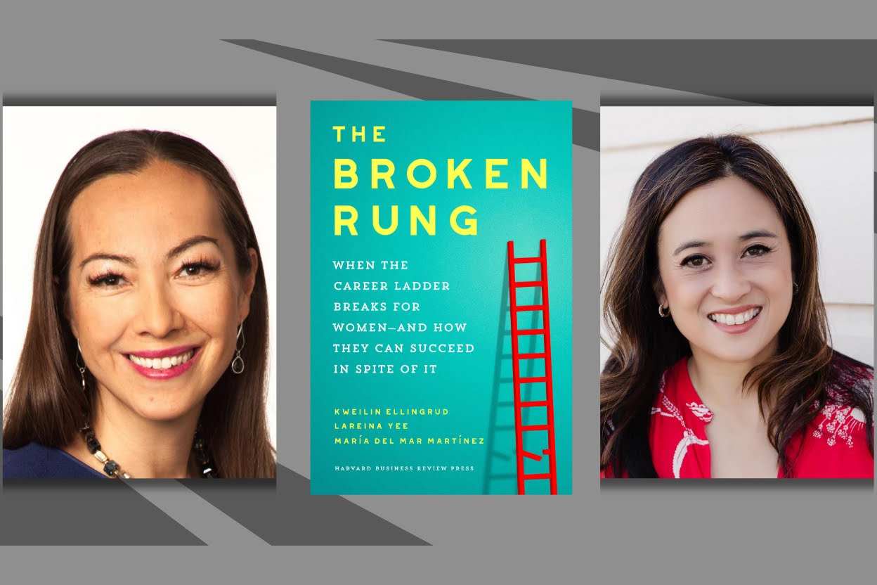 Portraits of Kweilin Ellingrud and Lareina Yee. Book cover 'The Broken Rung. When the career ladder breaks for women and how they can succeed in spite of it'