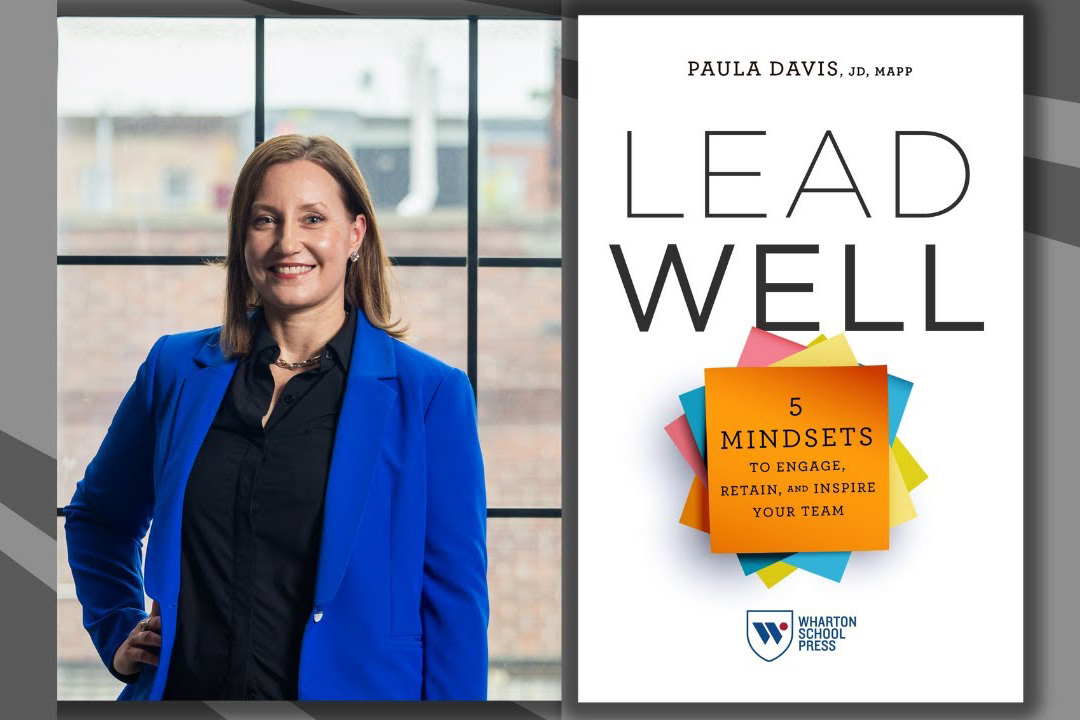 Portait of Paula Davis in blue blazer. Book cover of 'Lead Well. 5 Minsets to engage, retain, and inspire your team.'