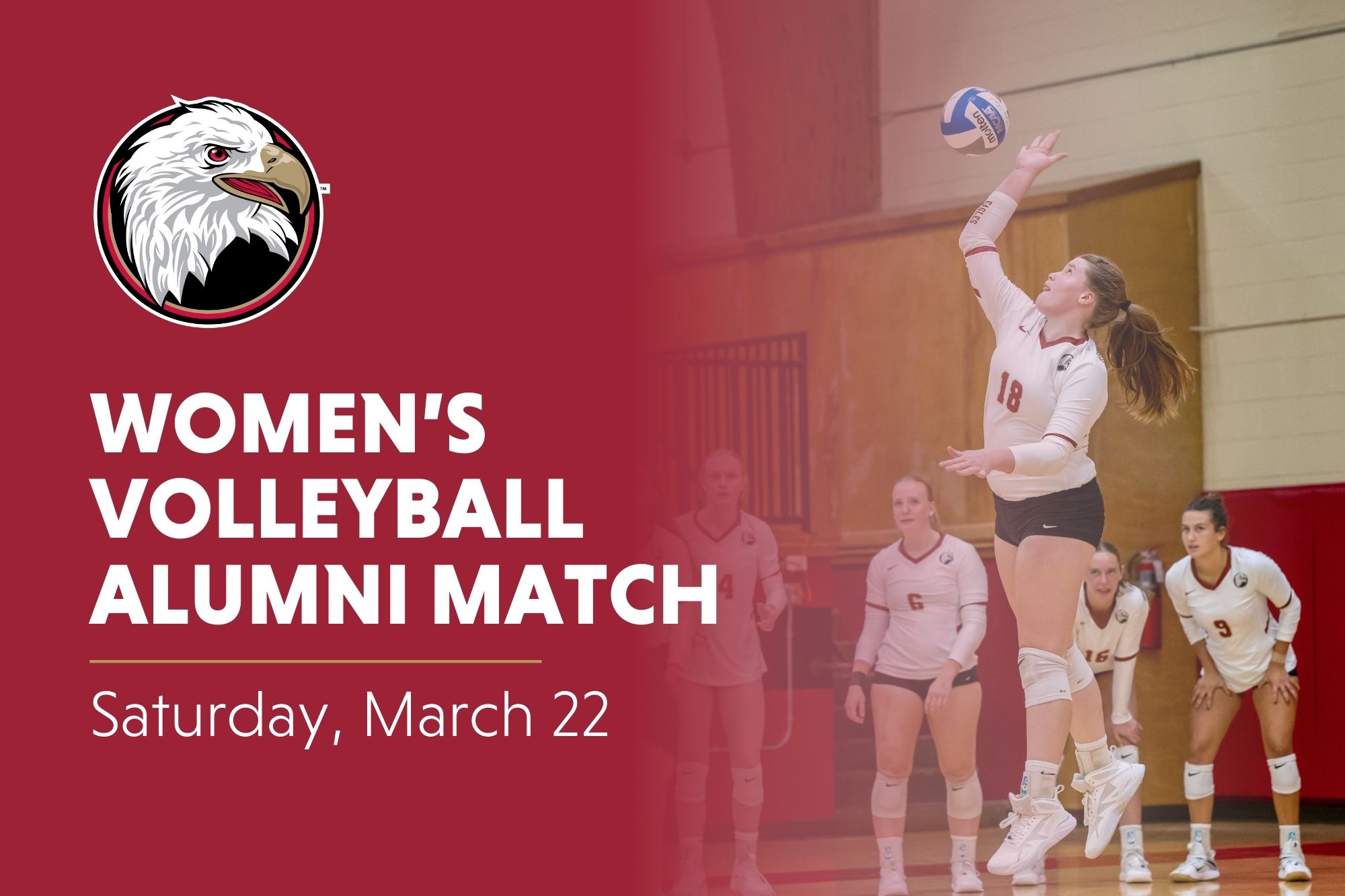 Bridgewater College Eagle athletic logo. 'Women's Volleyball Alumni match. Saturday, March 22' in white text over crimson background on the left side. Fades into picture of volleyball player spiking the ball.