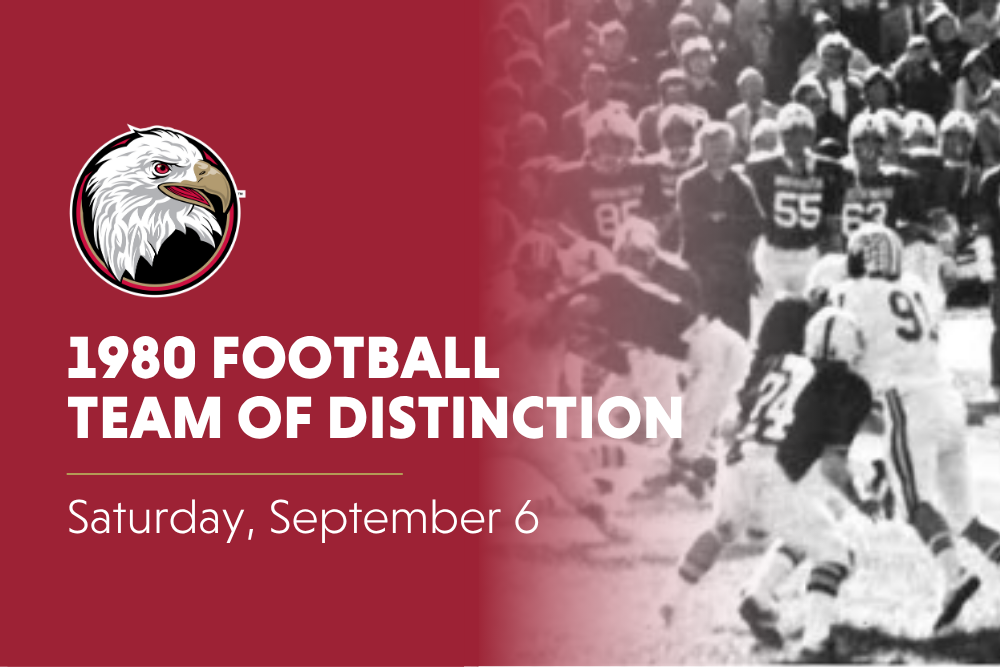 1980 Football Team of Distinction. Saturday, September 6 in white text over crimson background with black and white photo of a football player on the right.