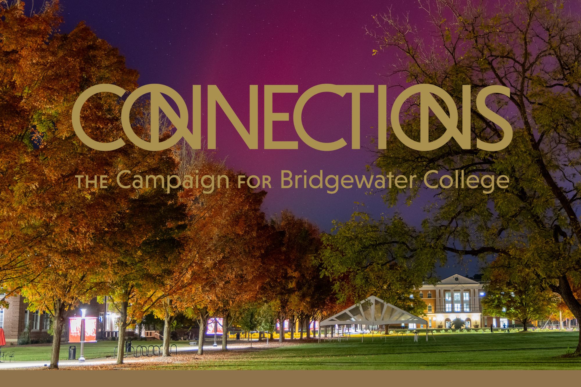 Connections Campaign for Bridgewater College logo over picture of campus during aurora event.