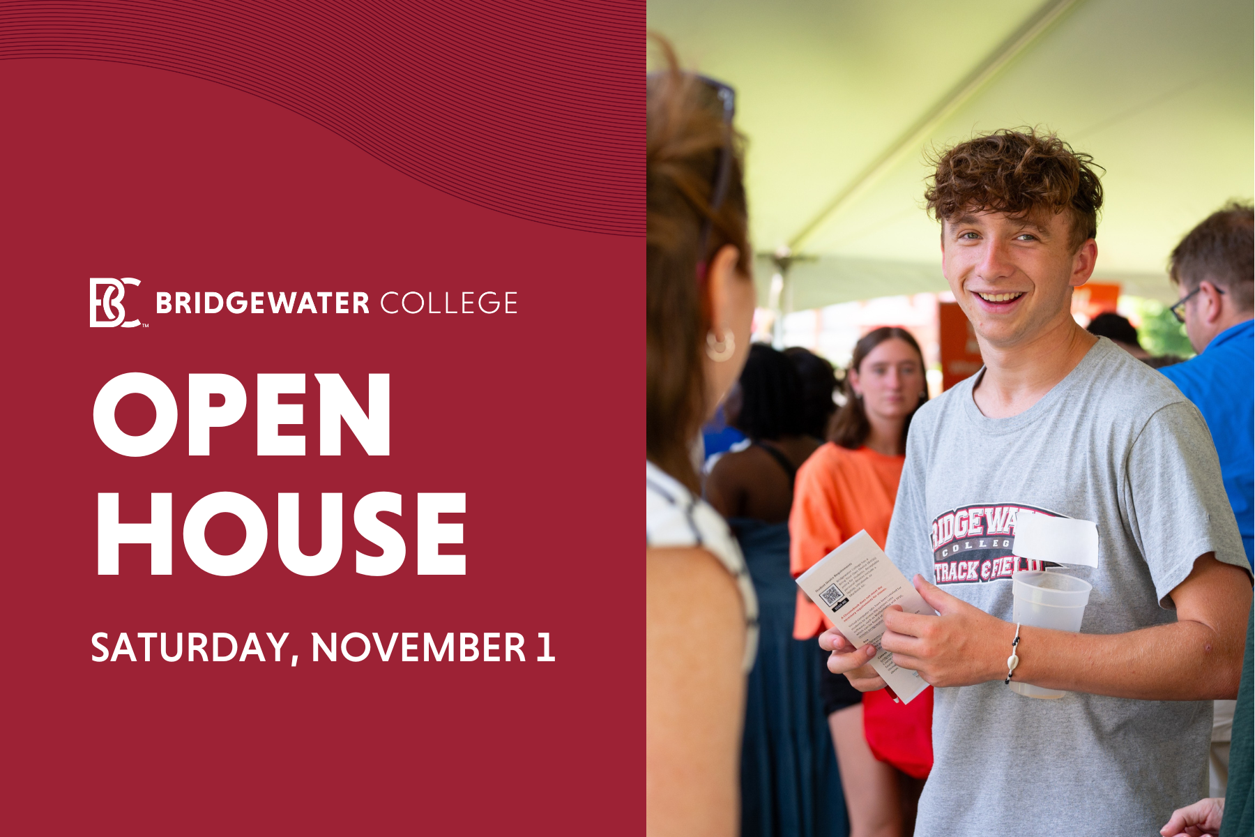 Bridgewater College. Open House. Saturday, November 1. Male student smiling