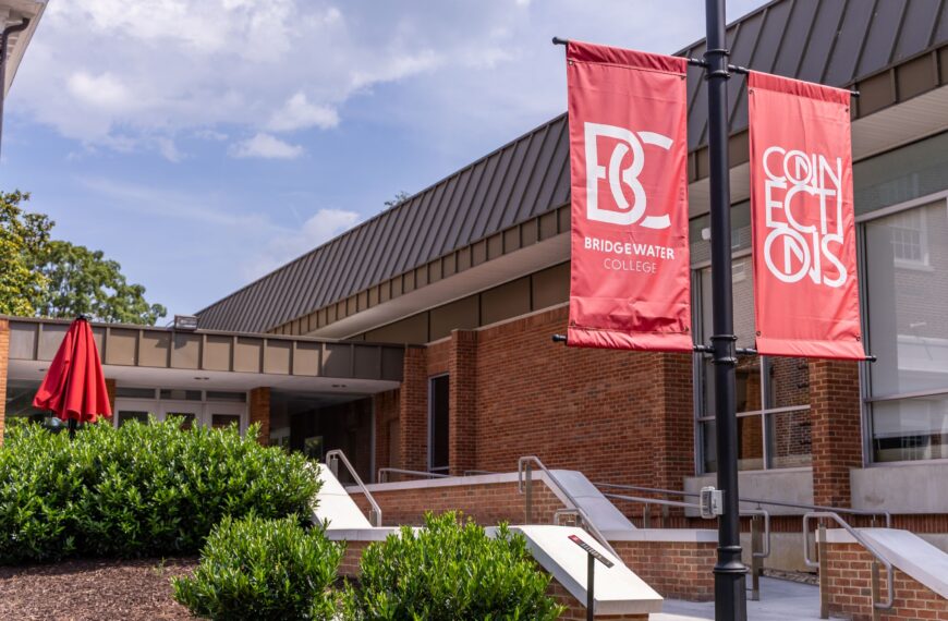 Bridgewater College banners in front of Kline Campus Center entrance from the Rebecca quad