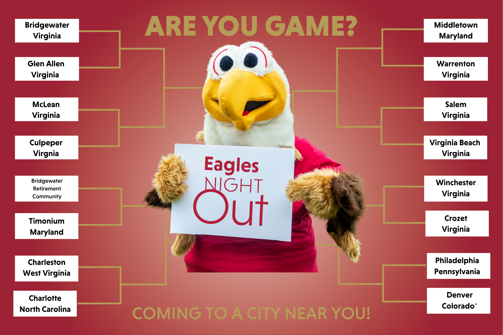 Are you Game? Eagles Night Out Bracket. Bridgewater vs Glen Allen, McLean vs Culpeper, Bridgewater Retirement Community vs Timonium Maryland, Charleston West Virginia vs Charlotte North Carolina, Middletown Maryland vs Warrenton, Salem vs Virginia Beach, Winchester vs Crozet, Philadelphia Pennsylvania vs Denver Colorado