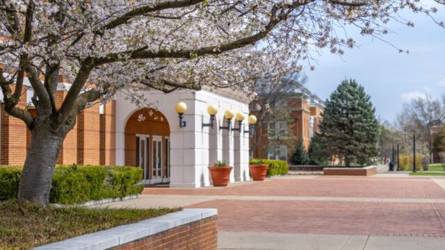 Patio in front of McKinney Hall in Spring